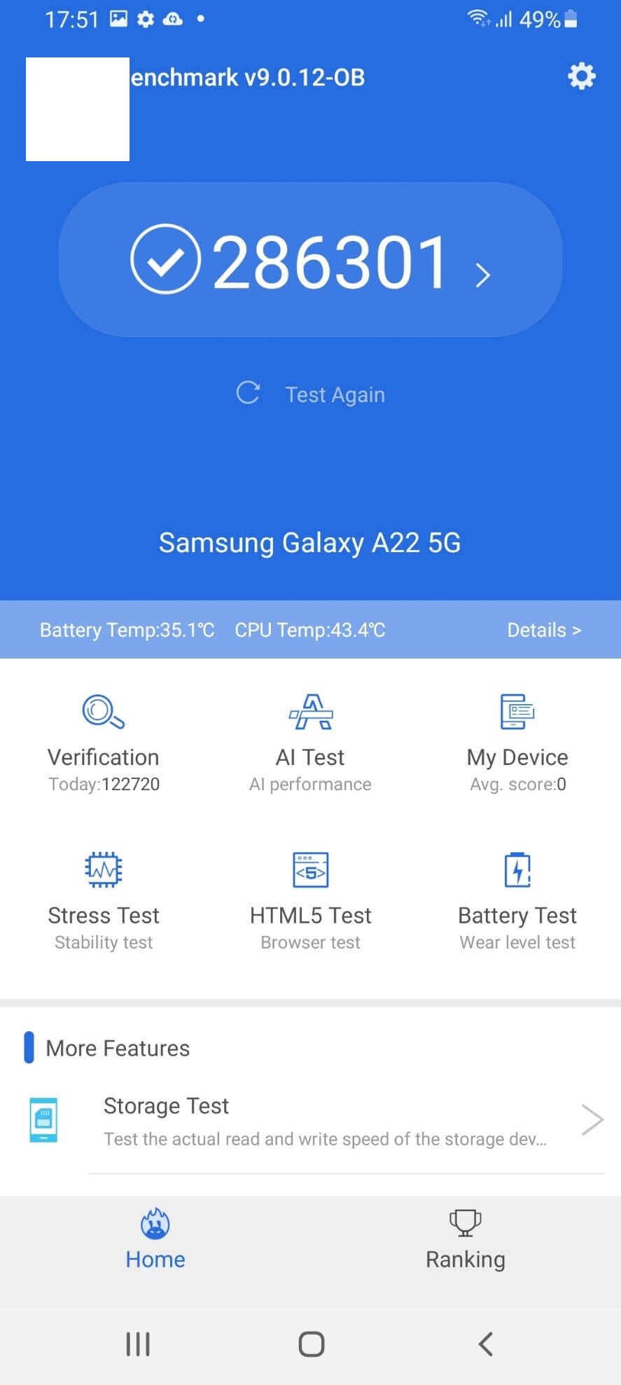نمره A22 5g در بنچمارک Antutu