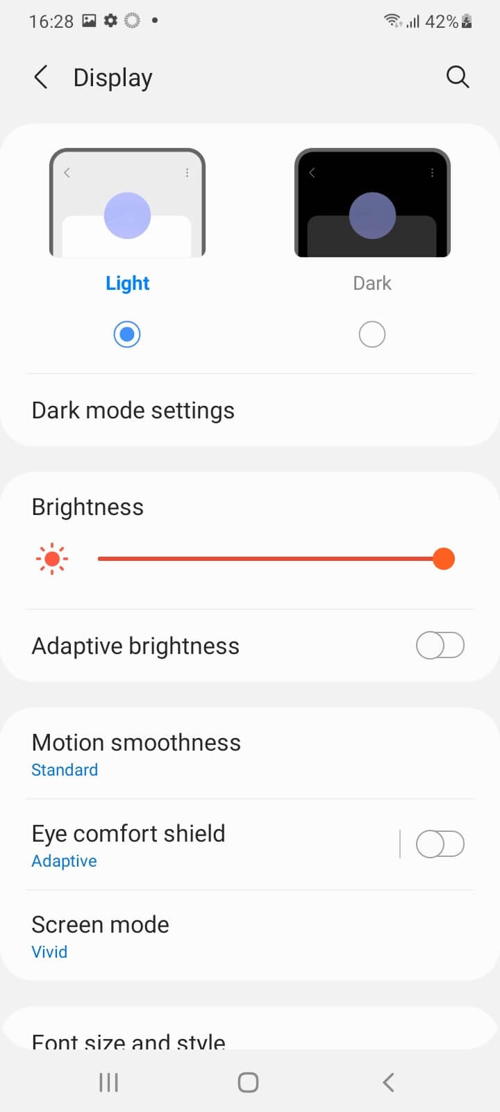 تنظیمات نور و صفحه نمایش Galaxy a22